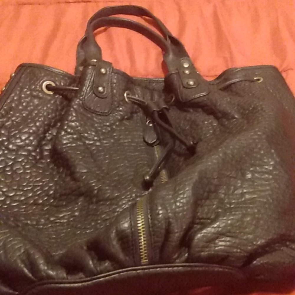 Black Leather drawstring purse